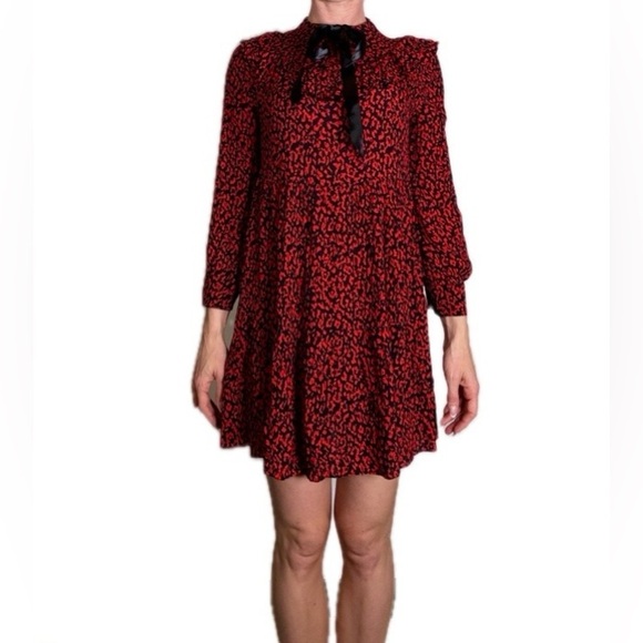 Zara dark Red‎ Animal Print Tiered Ruffle Babydoll dress XS coquette lolita - Picture 2 of 16